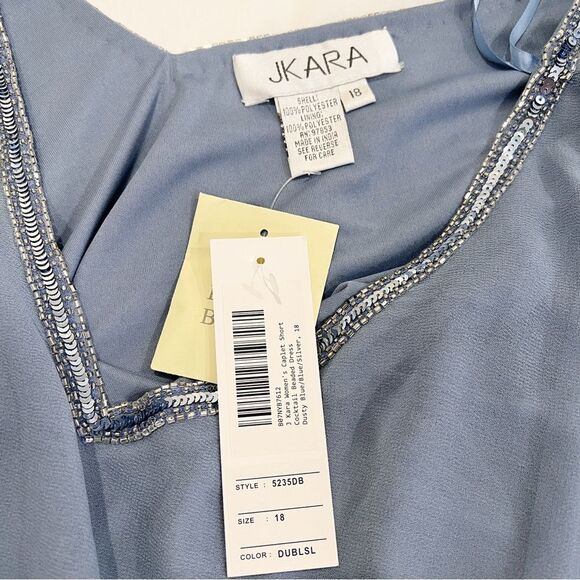 J Kara Dusty Blue Beaded Cocktail Dress Sheer Cape Overlay V-Neck Size 18 NWT - Picture 11 of 16